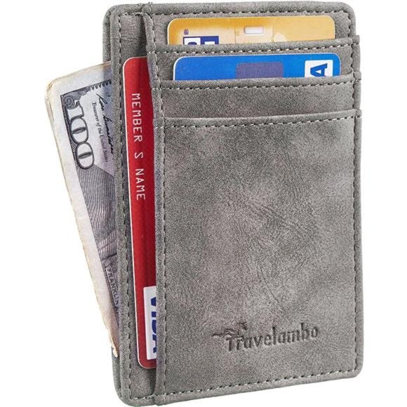 Grey Front Pocket Minimalist Leather Slim Wallet RFID Blocking Medium Size - Picture 4 of 4